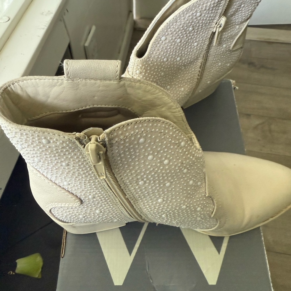 Sugar Cream Ankle Booties with Rhinestone Embellishments
